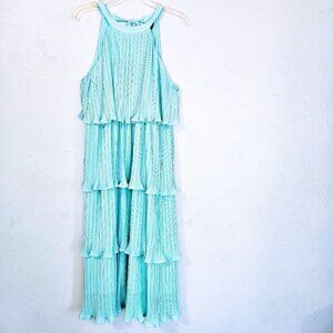 ZESICA Women's Aqua Blue Feminine Halter Neck Midi Dress Size L Tiered Chiffon